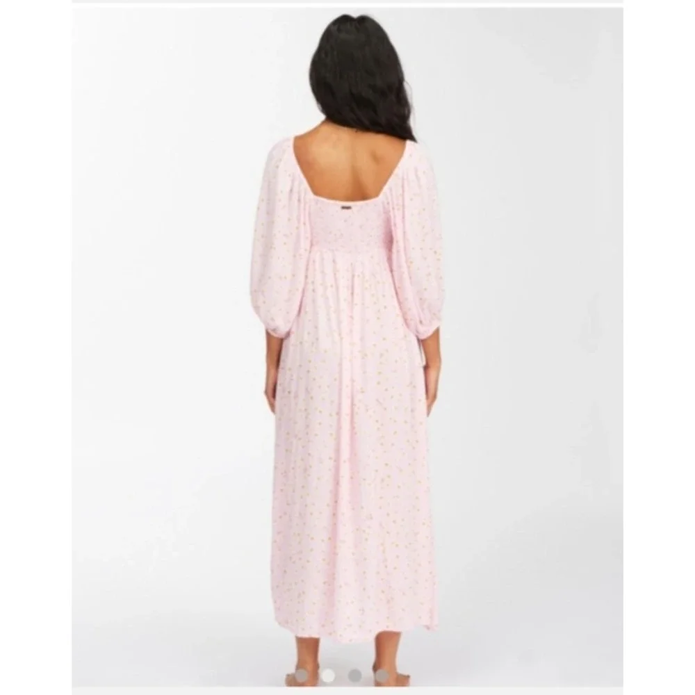 BillaBong Swept Away Midi Dress Pink Floral Puff Sleeve Smocked Cottagecore M - Picture 9 of 16